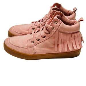 Old Navy women's 6 Moccasins Suede Leather Fringe High Top Shoes Pink Y2k Boho
